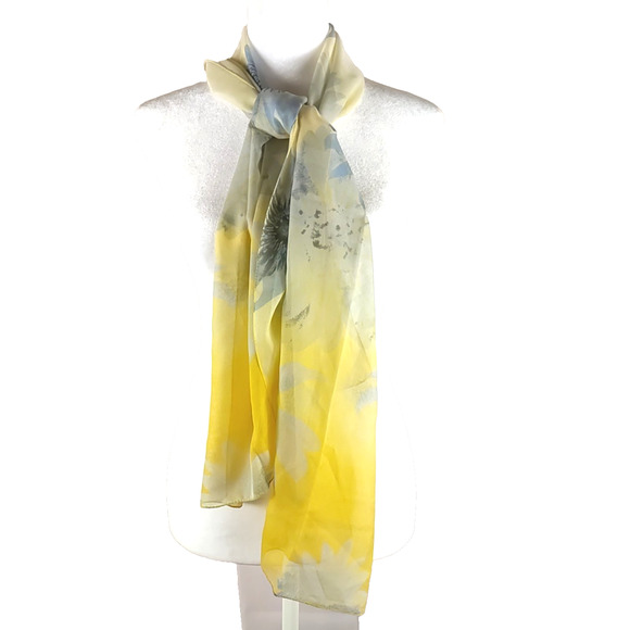 Rectangle Scarf Gold Yellow Blue Floral Sheer 60" X 15" Delicate - Picture 2 of 6